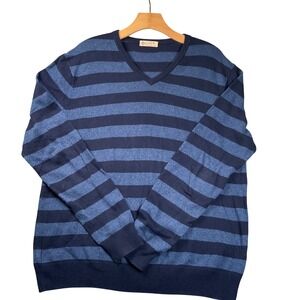 J.Crew V-Neck Sweater Mens Large Blue Striped Excellent Cotton Cashmere 98489